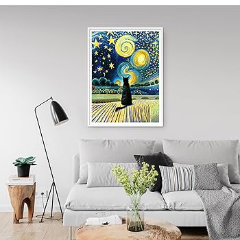 絵画。原画☆キャンバスF6【猫ちゃんはソファーに座って美しい星空を