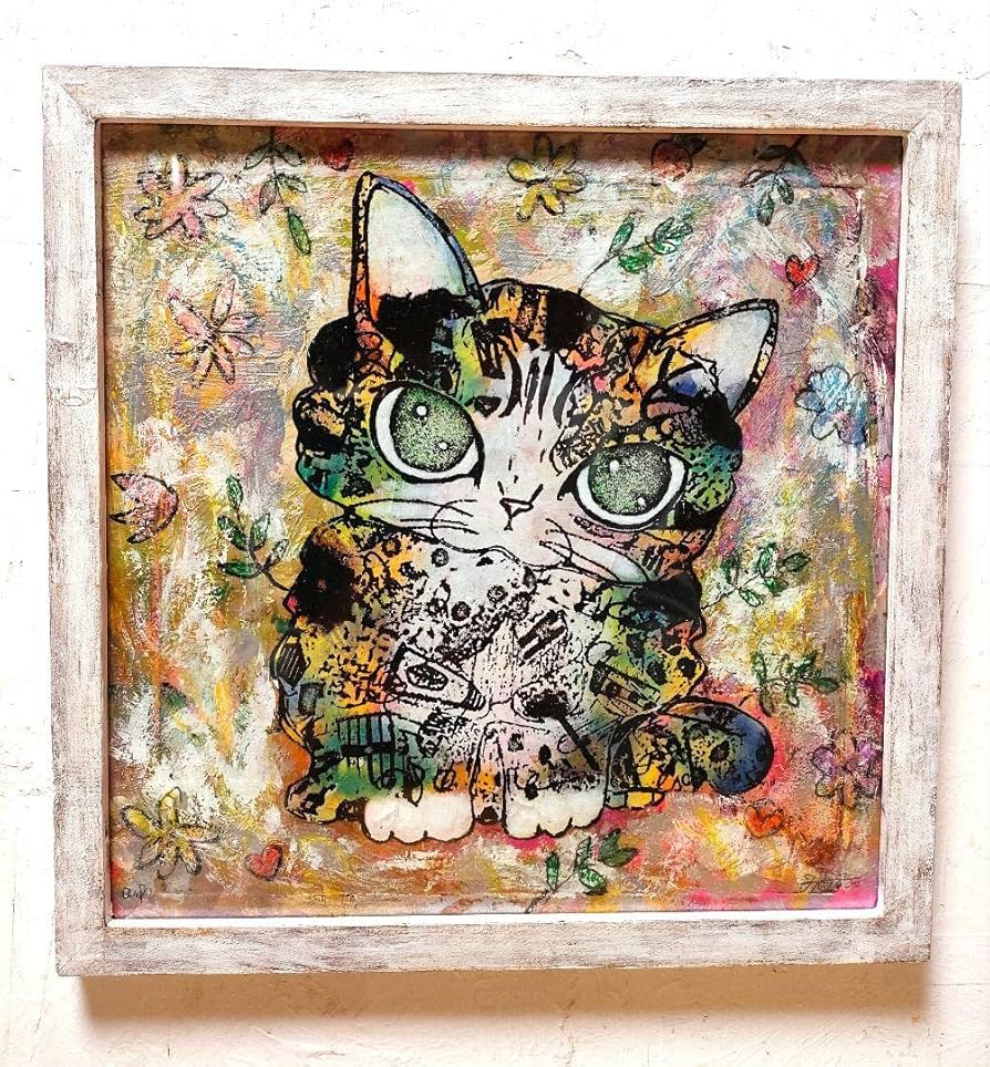 銅版画応用表現絵画 「ひらめき猫」