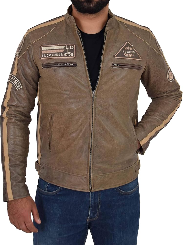 A1 FASHION GOODS Mens Biker Style Leather Jacket Distressed Brown