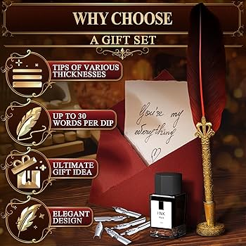 Amazon | 赤い羽の羽ペンとインクのセット - 11.4インチ アンティーク