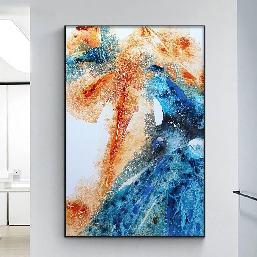 抽象アクリル画 青とオレンジ