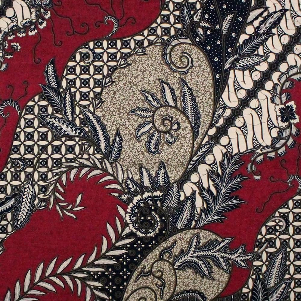 インドネシア ジャガードシルク手描きバティック レッド グリーン