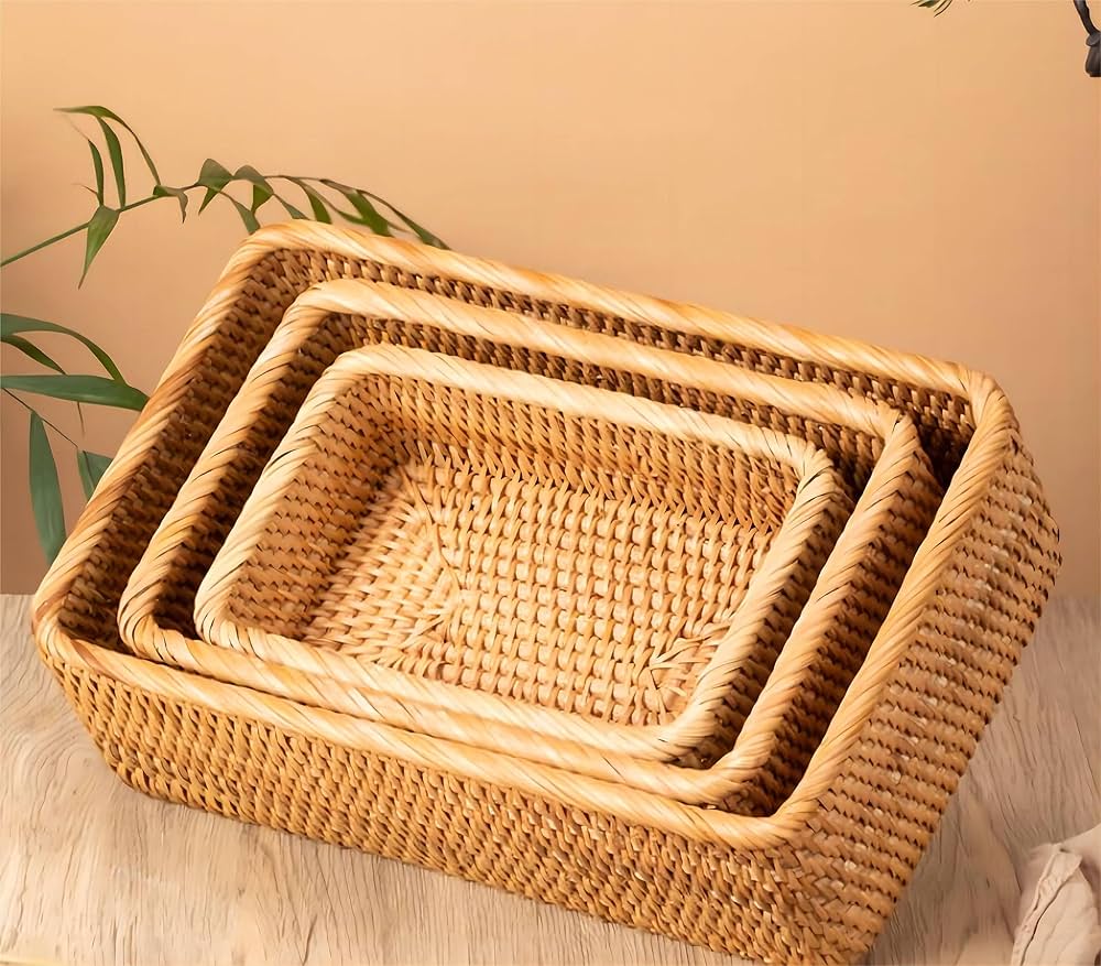 Zxyler ナチュラル籐編み収納バスケット - 蓋付き・取っ手付きで衣類