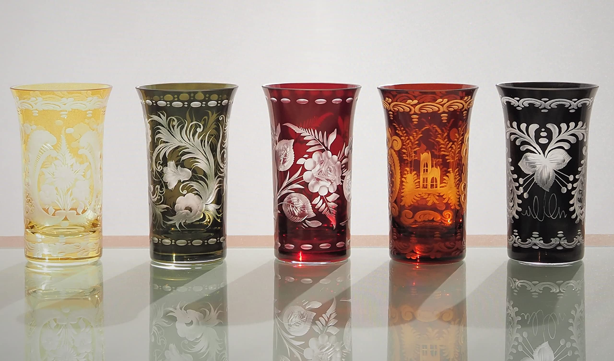 ボヘミアンガラスのカットガラス装飾グラス5個セット ボヘミアガラス