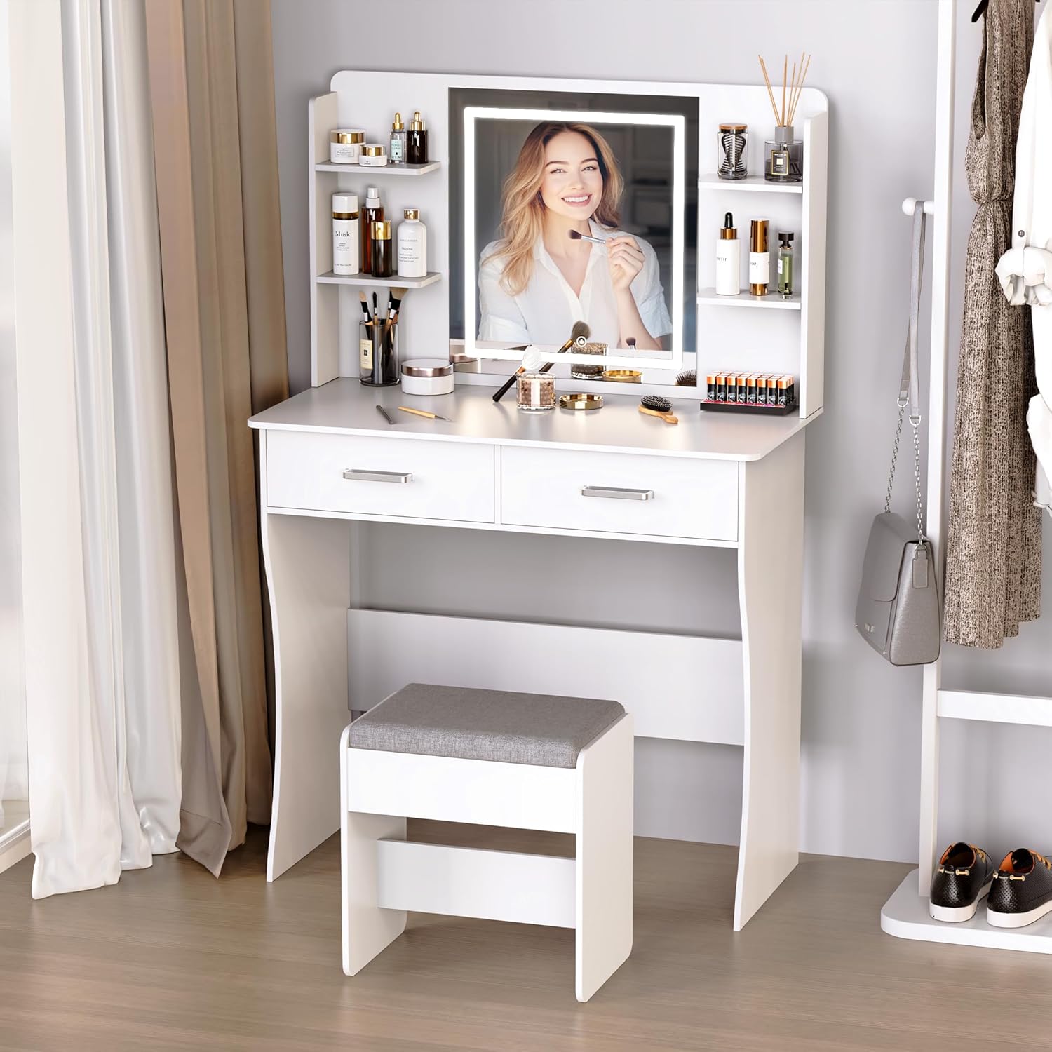 V01新品ドレッサー スツール付き 白色 高品質 女優ミラー 鏡台