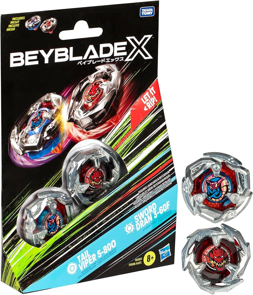 Amazon.com: Beyblade X Tail Viper 5-80O and Sword Dran 3-60F Dual
