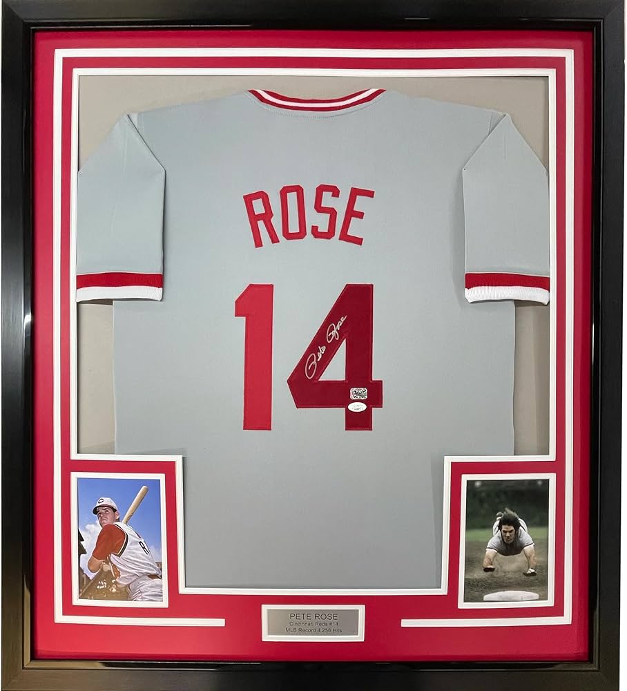 Framed Autographed/Signed Pete Rose 33x42 Cincinnati Grey Baseball