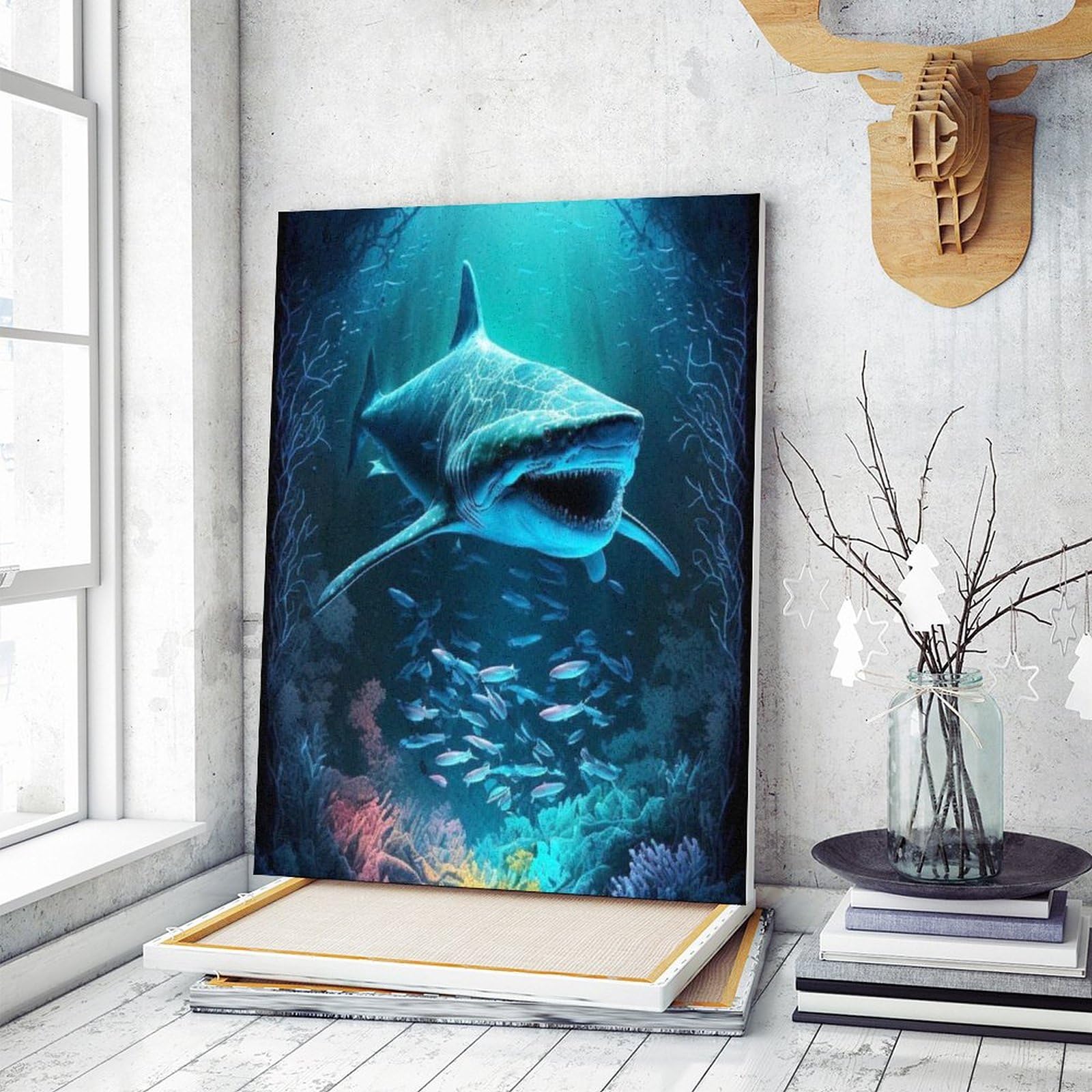 波とサメの油絵