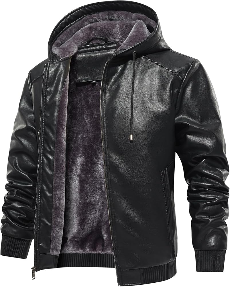 MANSDOUR Men's Faux Leather Jacket Warm Black Motorcycle Jacket