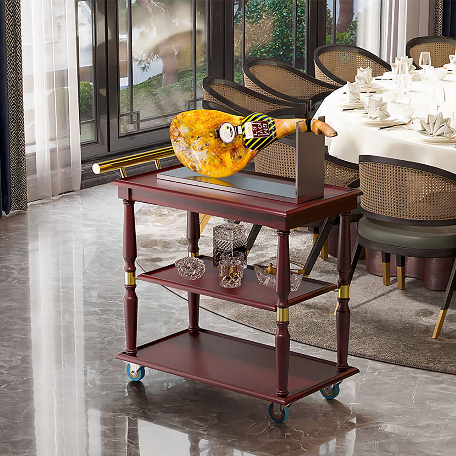 イタリア製サイドテーブル (象嵌細工、アンティーク調、バーカート