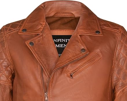 Mens Cross Zip Tan Brown Leather Retro Quilted Biker Jacket at