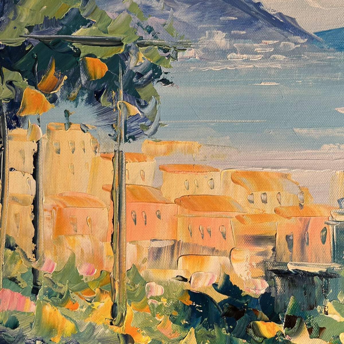 手書き油絵 地中海の風景 額付 肉筆絵画 インテリア 油彩画 手書き油絵