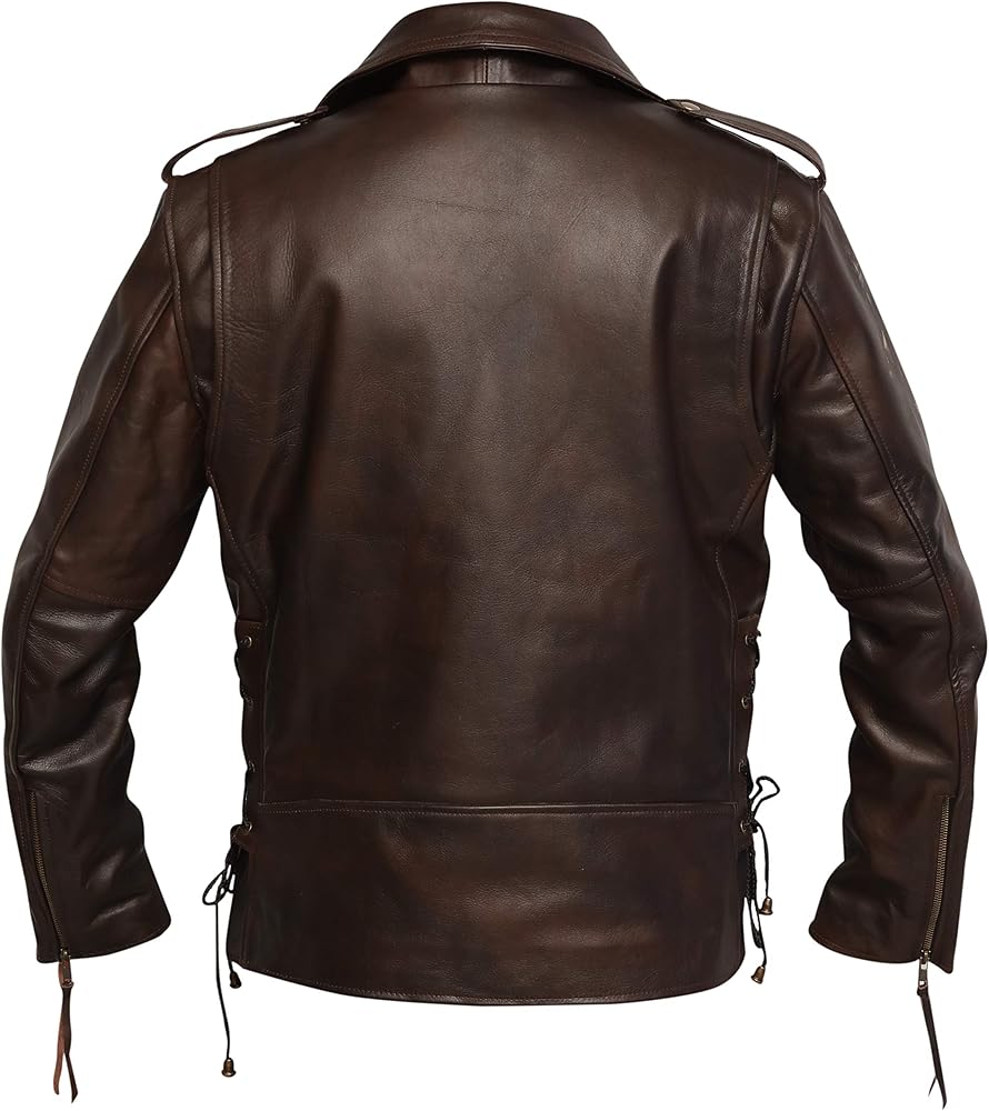 Mens Retro Vintage Brando Distressed Brown Cowhide Leather Jacket