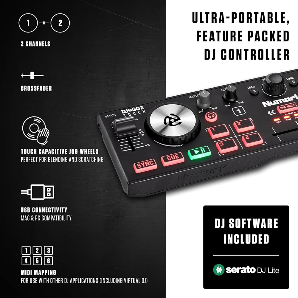 Numark DJ2GO2 Touch – Compact 2 Deck USB DJ Controller For Serato
