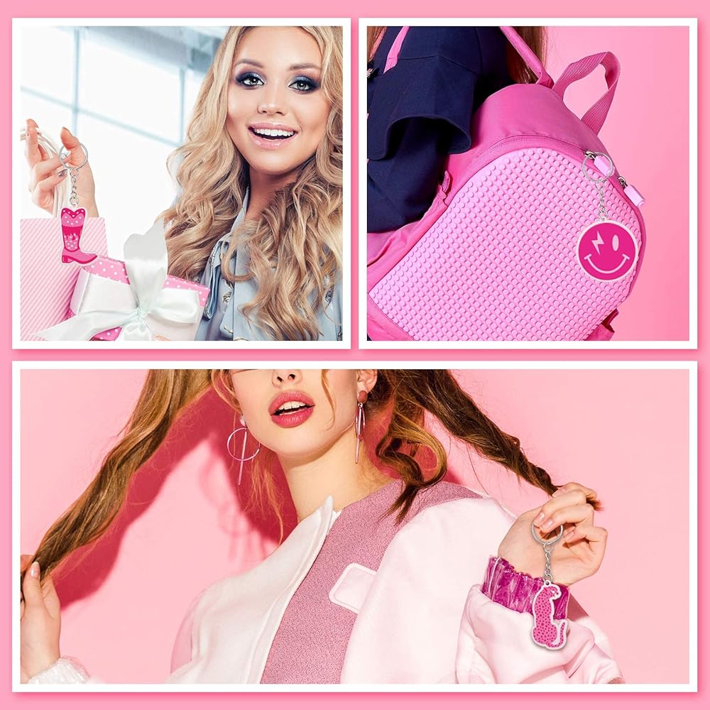 12 Pcs Preppy Key Chain for Girl Pink Hippie Art Ornaments Acrylic