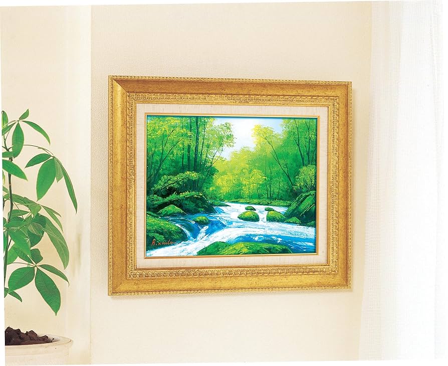 絵画インテリア 絵 額付(青緑＋金色の枠) 油絵 uF6-070902 花 ゆり