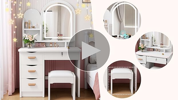 Amazon｜ドレッサー コンパクト 白 3色LED ライト 収納沢山 化粧台