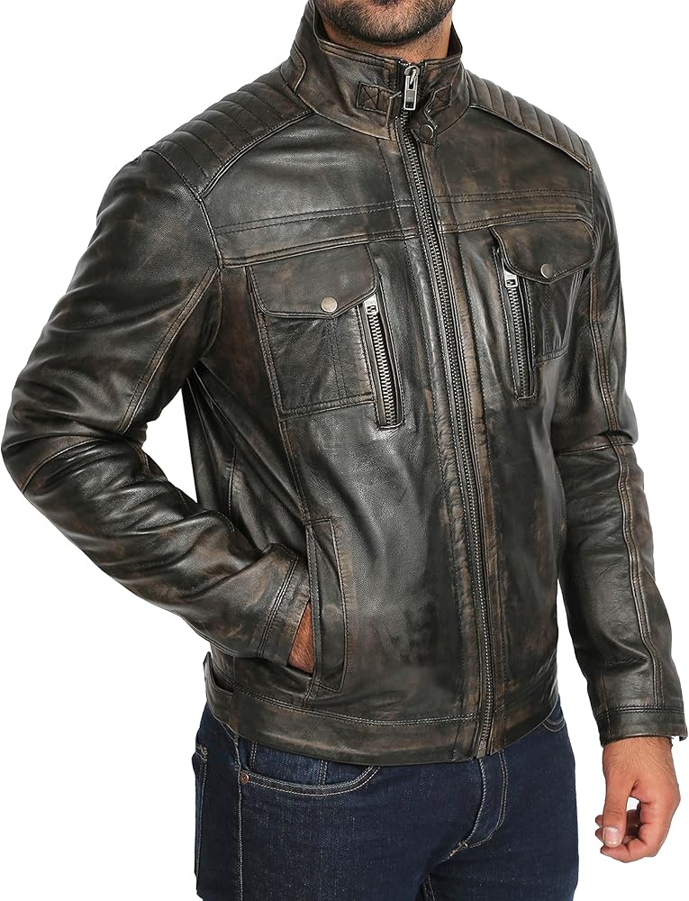A1 FASHION GOODS Mens WASHED biker style leather jacket retro
