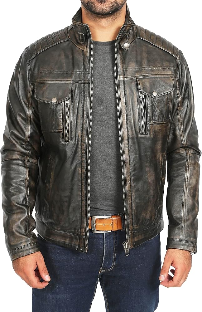 A1 FASHION GOODS Mens WASHED biker style leather jacket retro