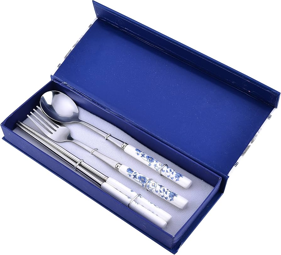 Amazon | 青花陶磁持ち手ステンレスカトラリー箸・フォーク・スプーン3