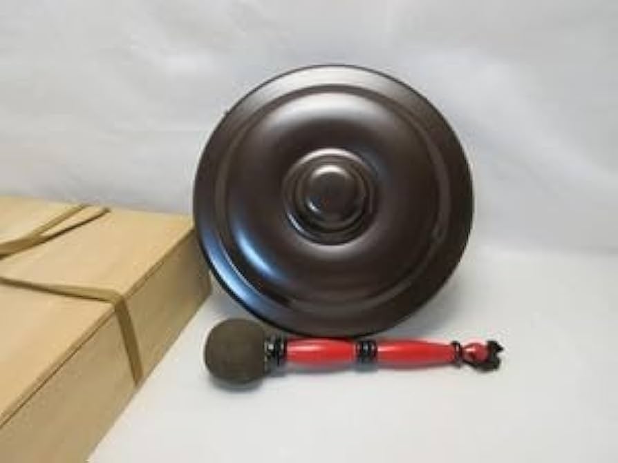 美品 茶道具 鉄地 銅鑼 桴付 仏教囃子歌舞伎打楽器 鐘鳴物 ばちドラ 元箱
