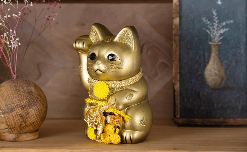 Amazon.co.jp: ご縁猫 福あつめ(S-SIZE 金 Gold）右手あげ/陶器＿lucky