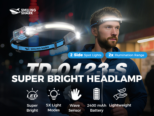 Amazon.com: Smiling Shark TD-0123-S Headlamp, 2-Pack 2400mAh Ultra
