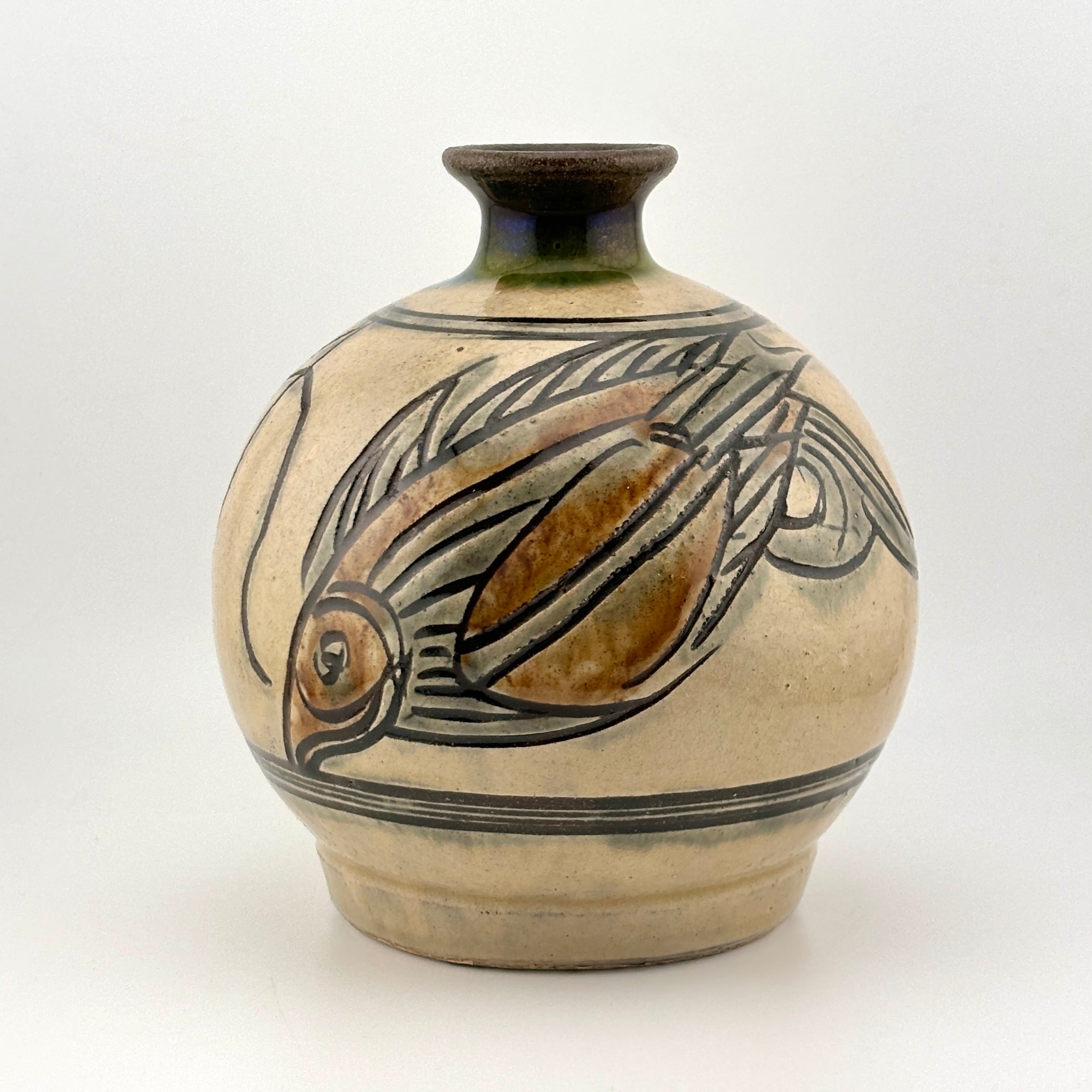 沖縄やちむん 人間国宝 金城次郎 魚紋文様 抱瓶 大 人間国宝 金城次郎 海老