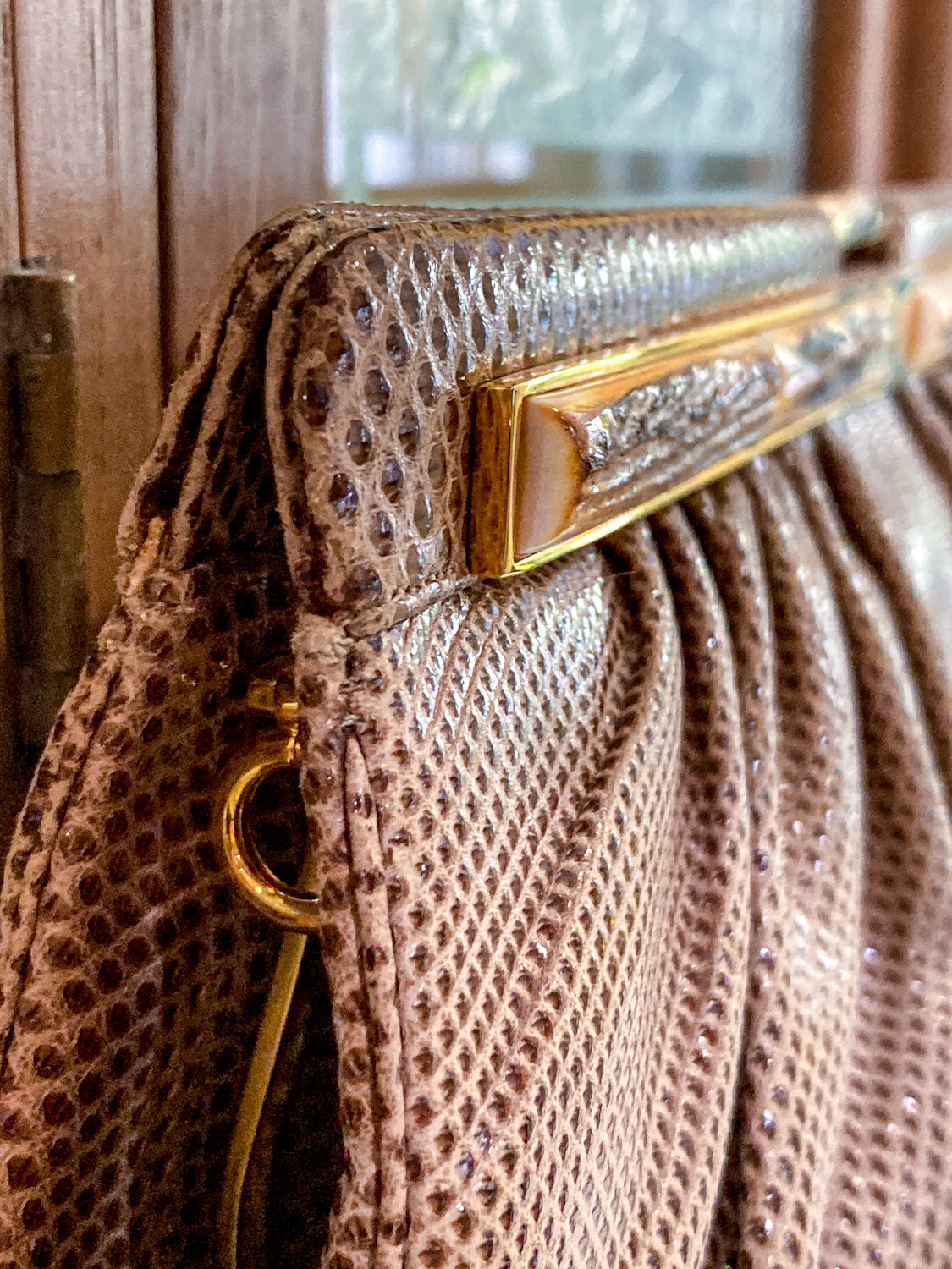 Vintage Judith Leiber Horn Lizard Leather Beige Handbag Clutch