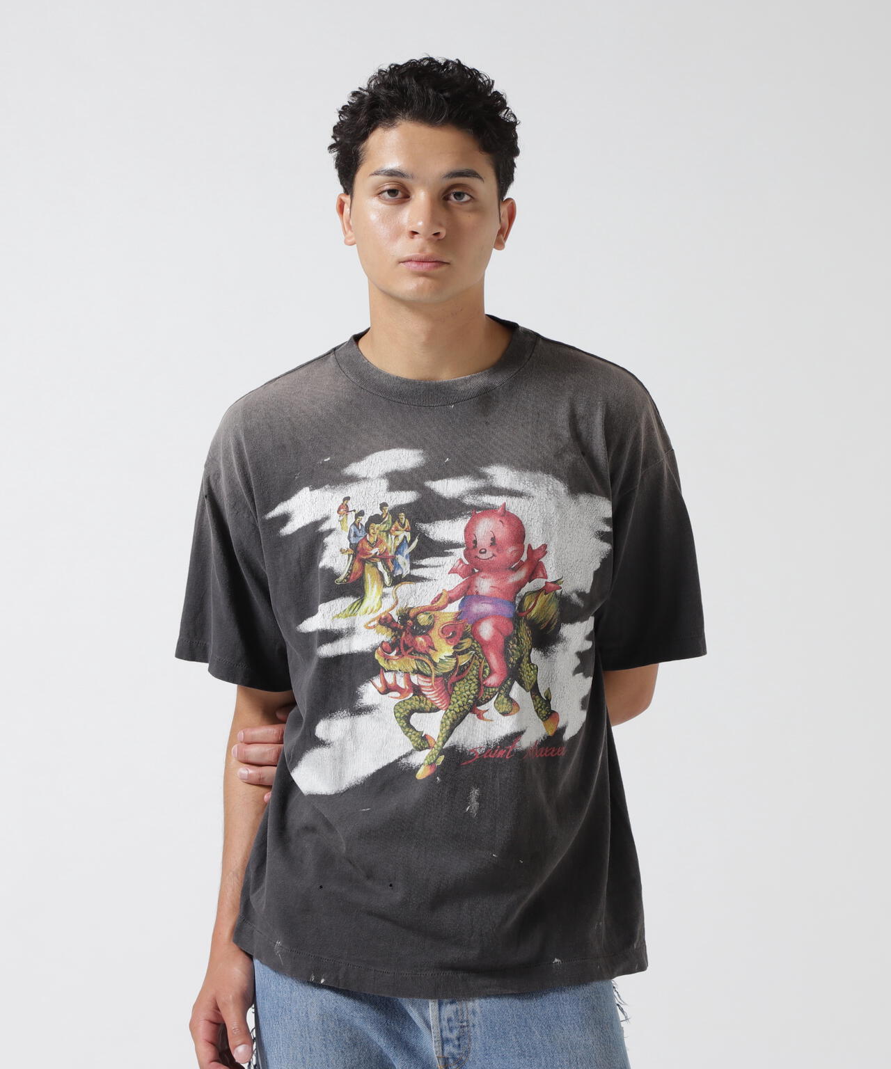 SAINT MICHAEL/セントマイケル/SS TEE DAMAGED BLACK | ROYAL FLASH