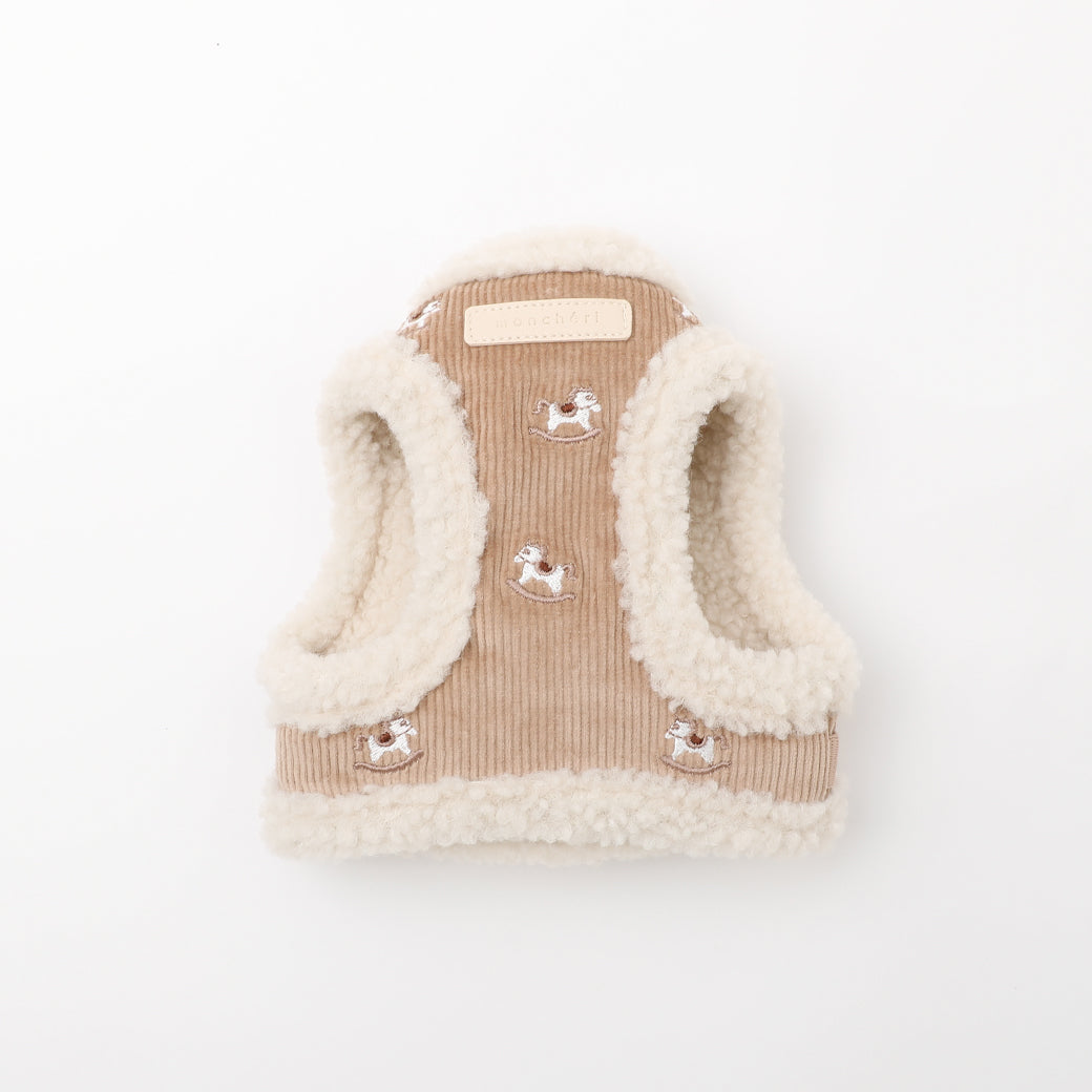 木馬刺繍入りコーデュロイボアハーネス+リードSET【名入れ刺繍対応