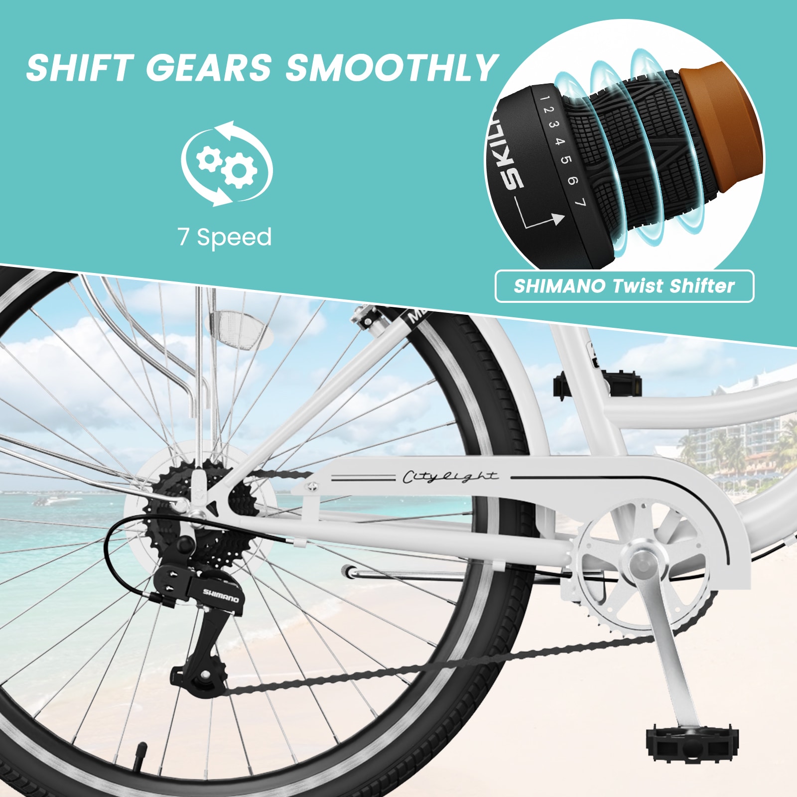 MOONCOOL 26 inch 7 Speed Beach Cruiser Bikes with Front Basket