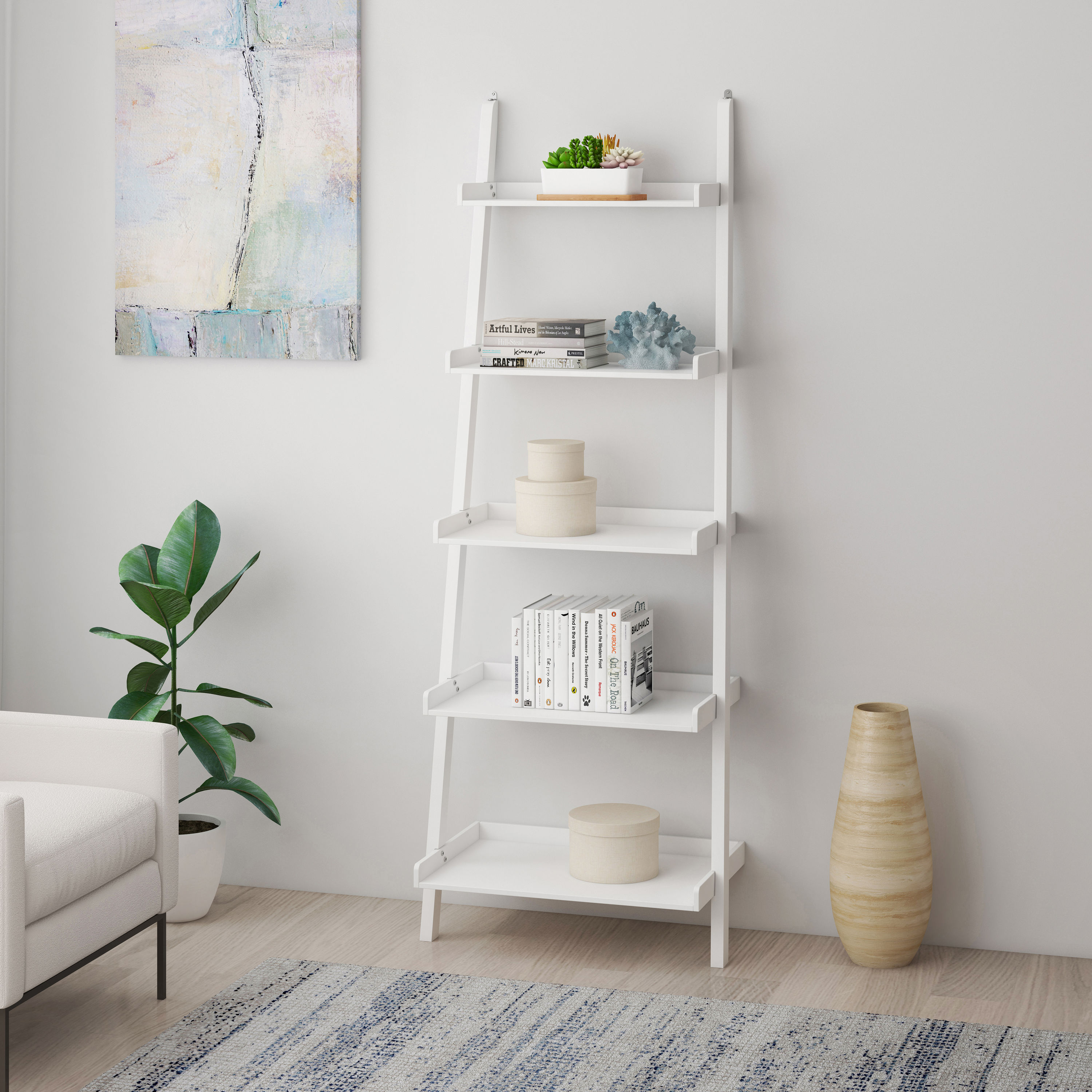 allen + roth White Wood 5-Shelf Ladder Bookcase (26.75-in W x