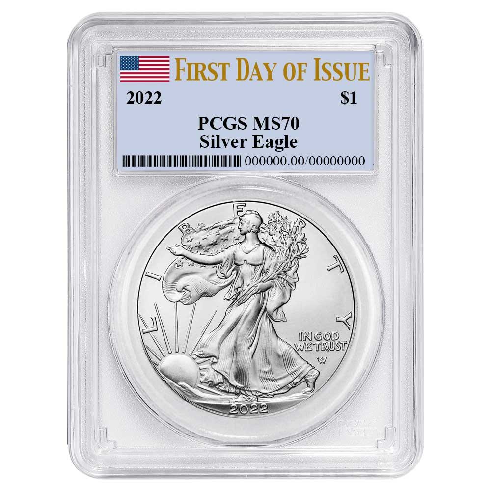 2022 American Silver Eagle PCGS MS70 First Day of Issue Flag Label