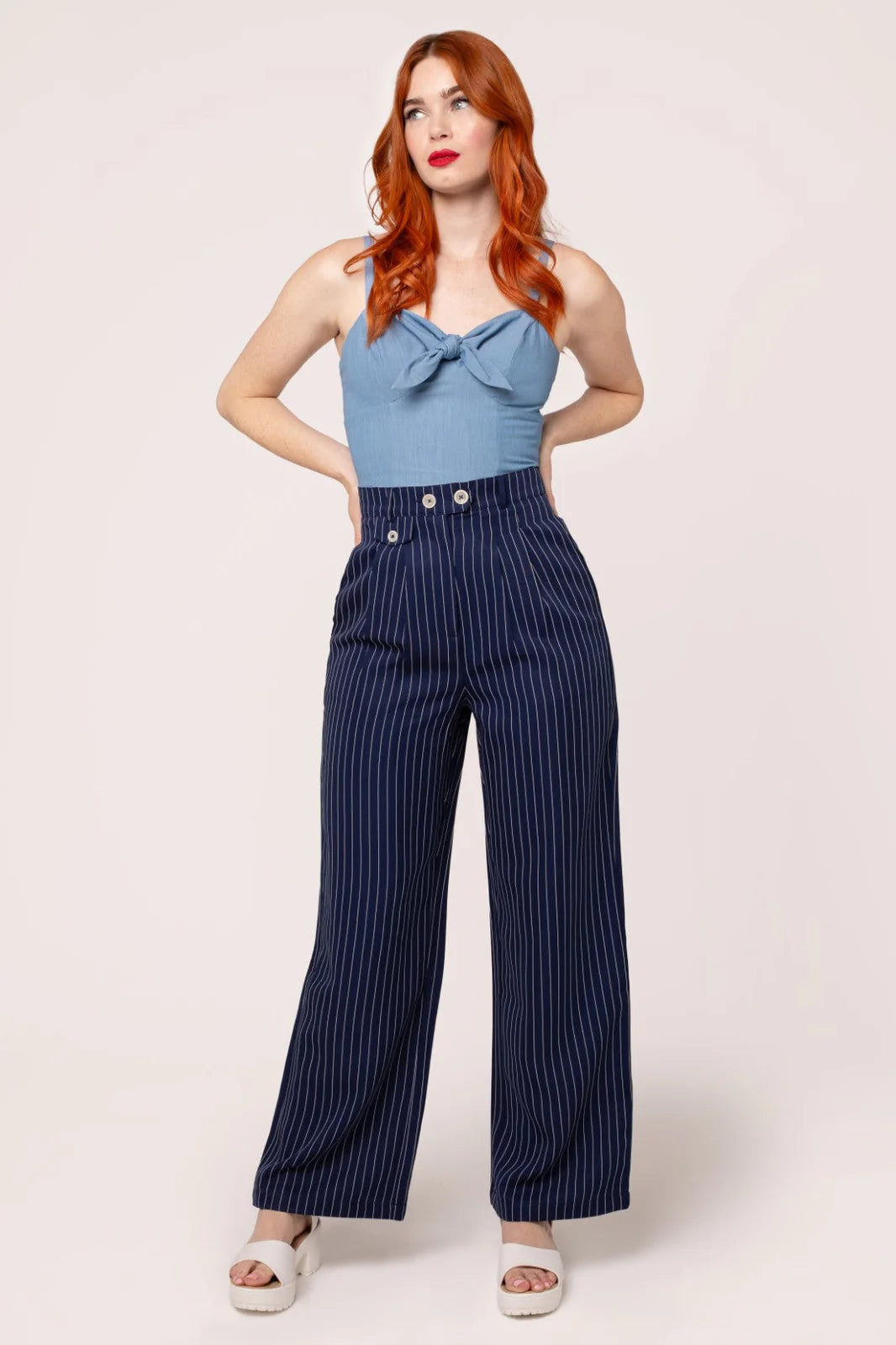 Navy Pinstripe Wide Leg Costello Pants by Hell Bunny – Modern Millie