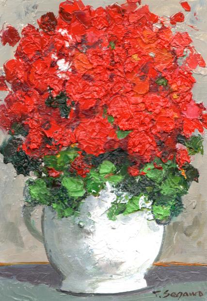 油絵 赤白ボーダーの花瓶と花 油絵 赤白ボーダーの花瓶と花