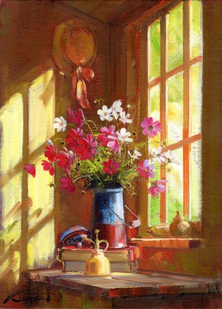 油絵の絵画で田中清が描いたコスモスの花の絵の油絵「陽光」をご購入