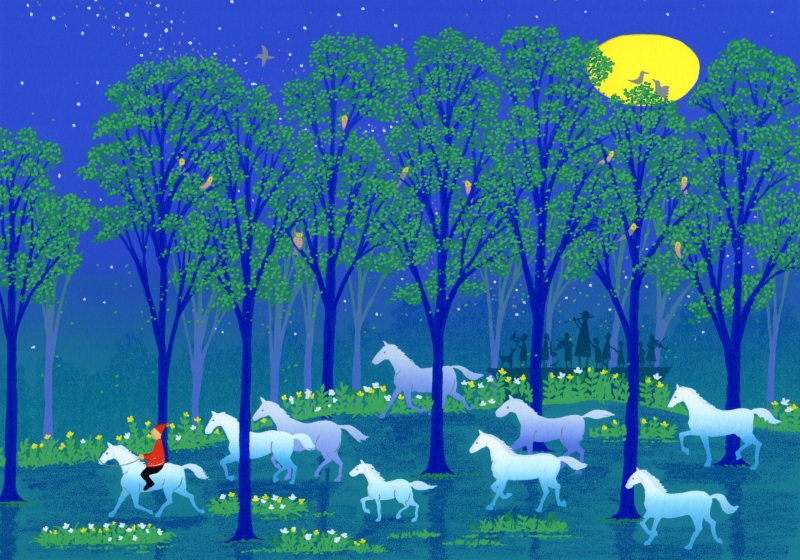 吉岡浩太郎がシルクスクリーンの版画で制作した馬の絵「白馬の森」を