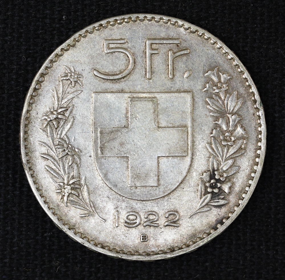 スイス 5フラン銀貨 1922年 B 美品 | ミスターコインズ