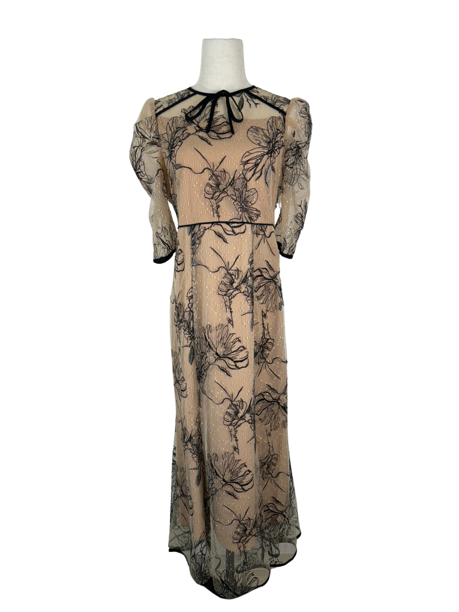 花柄リボンパフスリーブマーメイドワンピースドレス – ドレスル