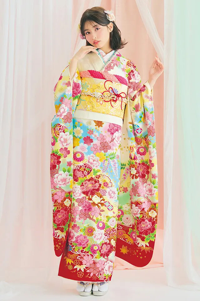 ジョイフル恵利の振袖 /黄色/水色/キュート/花柄/ I-3402 | My振袖