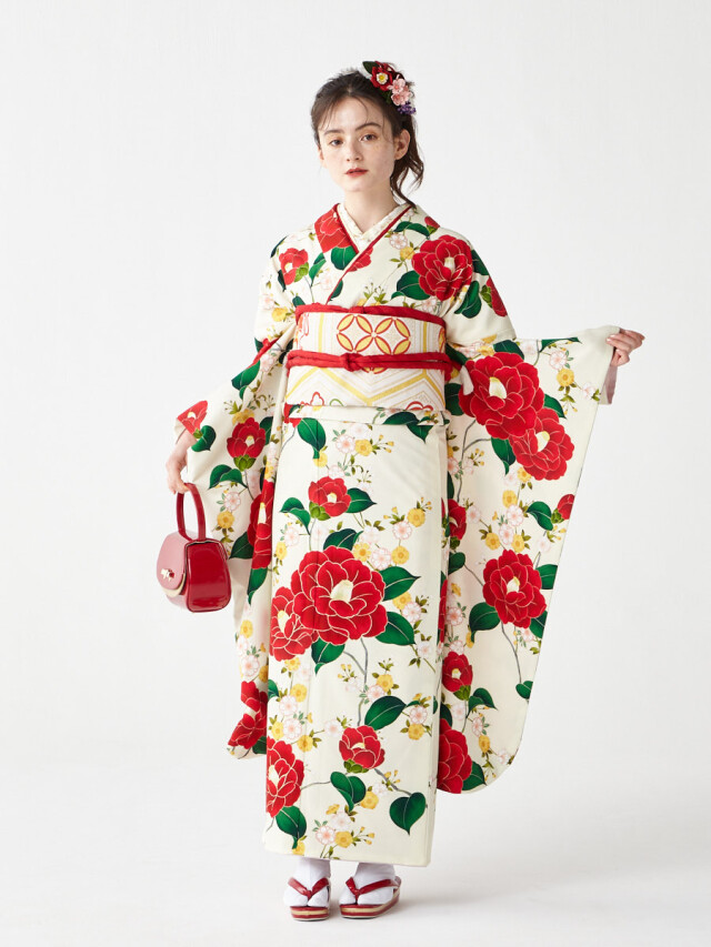三松 ふりふ事業部の振袖 /白色/レトロ/椿柄/ 「乙女椿」 | My振袖