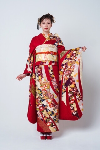 京都きもの友禅の振袖 /赤色/古典/熨斗柄/ No.1722 正絹 京友禅 | My振袖