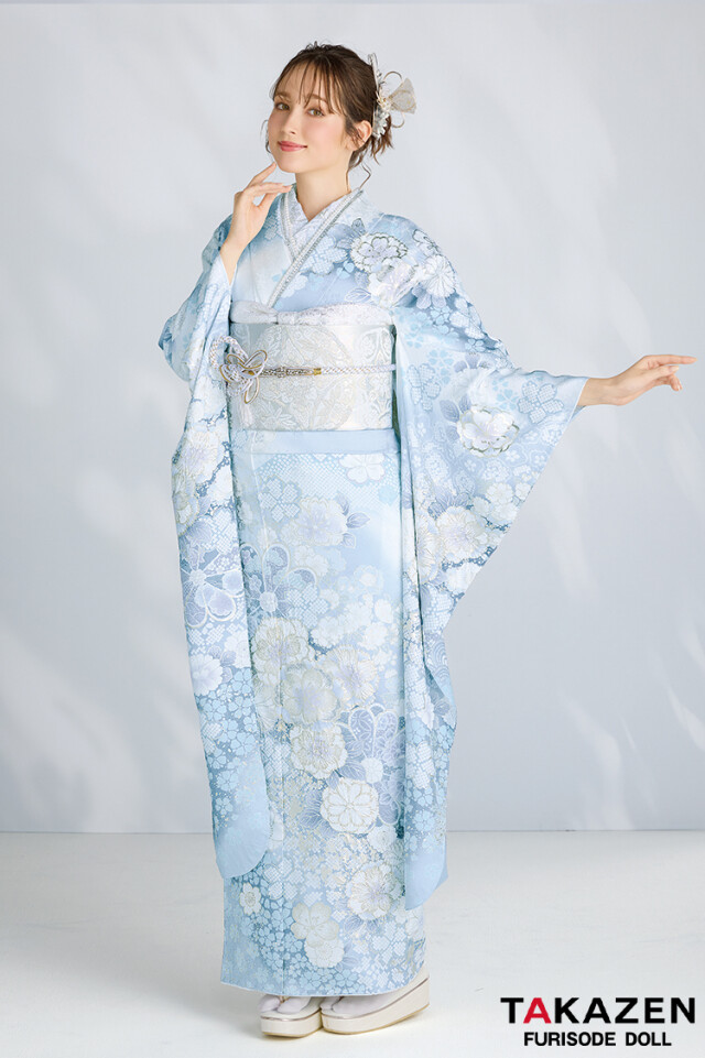 TAKAZENの振袖 /水色/古典/桜柄/ 最新作高級古典 水色 桜柄/鹿の子模様