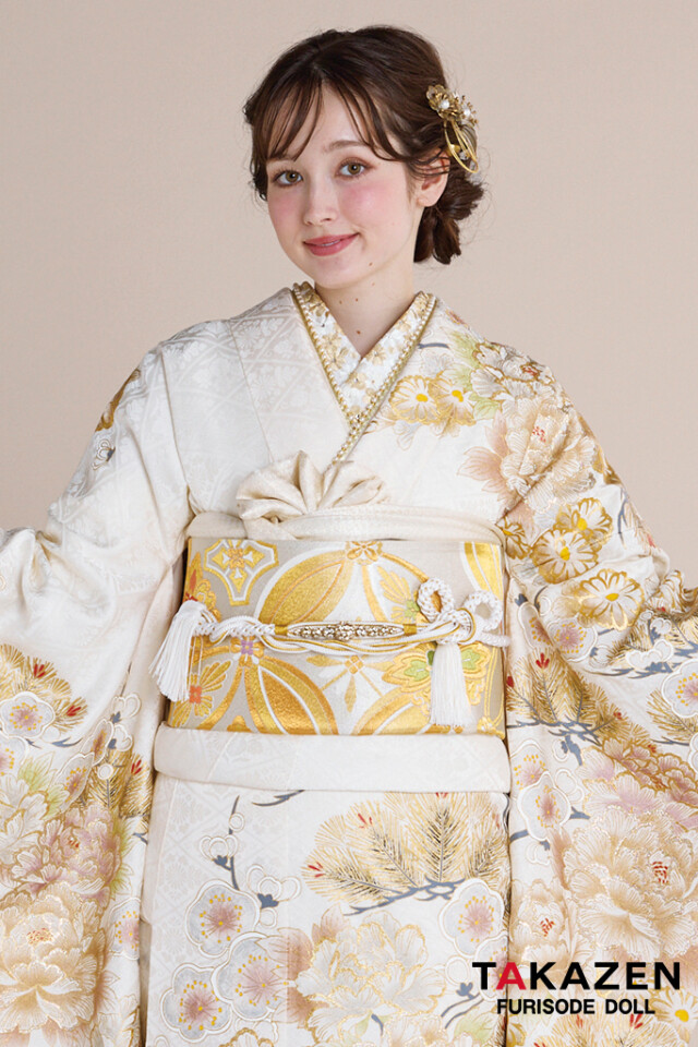 TAKAZENの振袖 /白色/ゴールド色/古典/牡丹柄/ 正統派古典 白金
