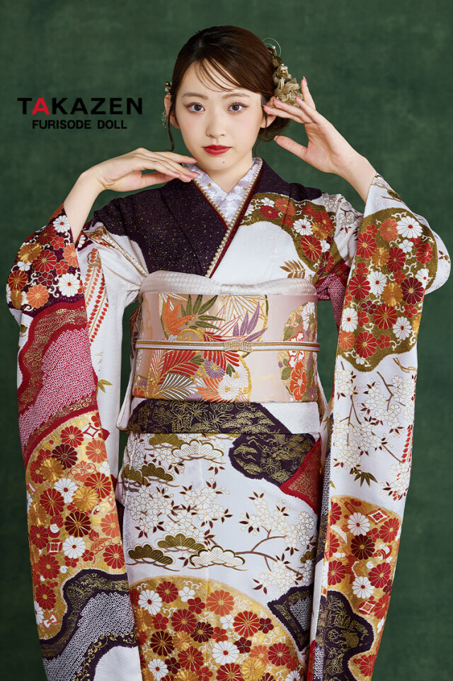 TAKAZENの振袖 /朱色/白色/古典/花柄/ プレミアム古典 青柳/最高級金駒