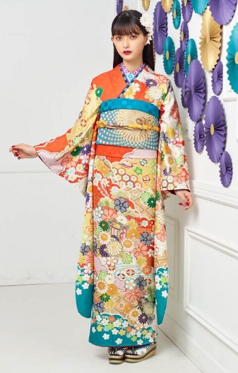 振袖専門館 花舎の振袖 /オレンジ色/水色/古典/車柄/ 振袖 | My振袖