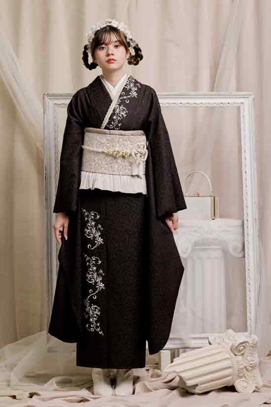 夢楽染かずの明石店の振袖 /茶色/シルバー色/クール/無地柄/ 【MK-1604