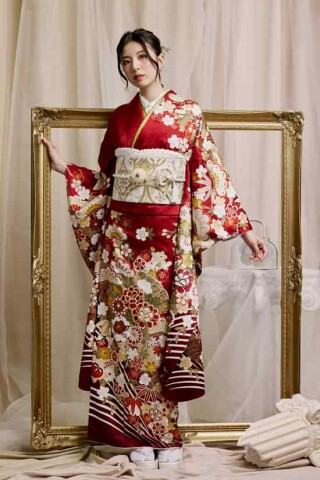 夢楽染かずの明石店の振袖 /赤色/ゴールド色/古典/松竹梅柄/ 【MK-1601