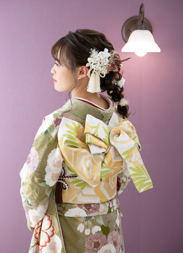 セゾンふりそで館の振袖 /緑色/ピンク色/古典/桜柄/ 03716 うぐいす